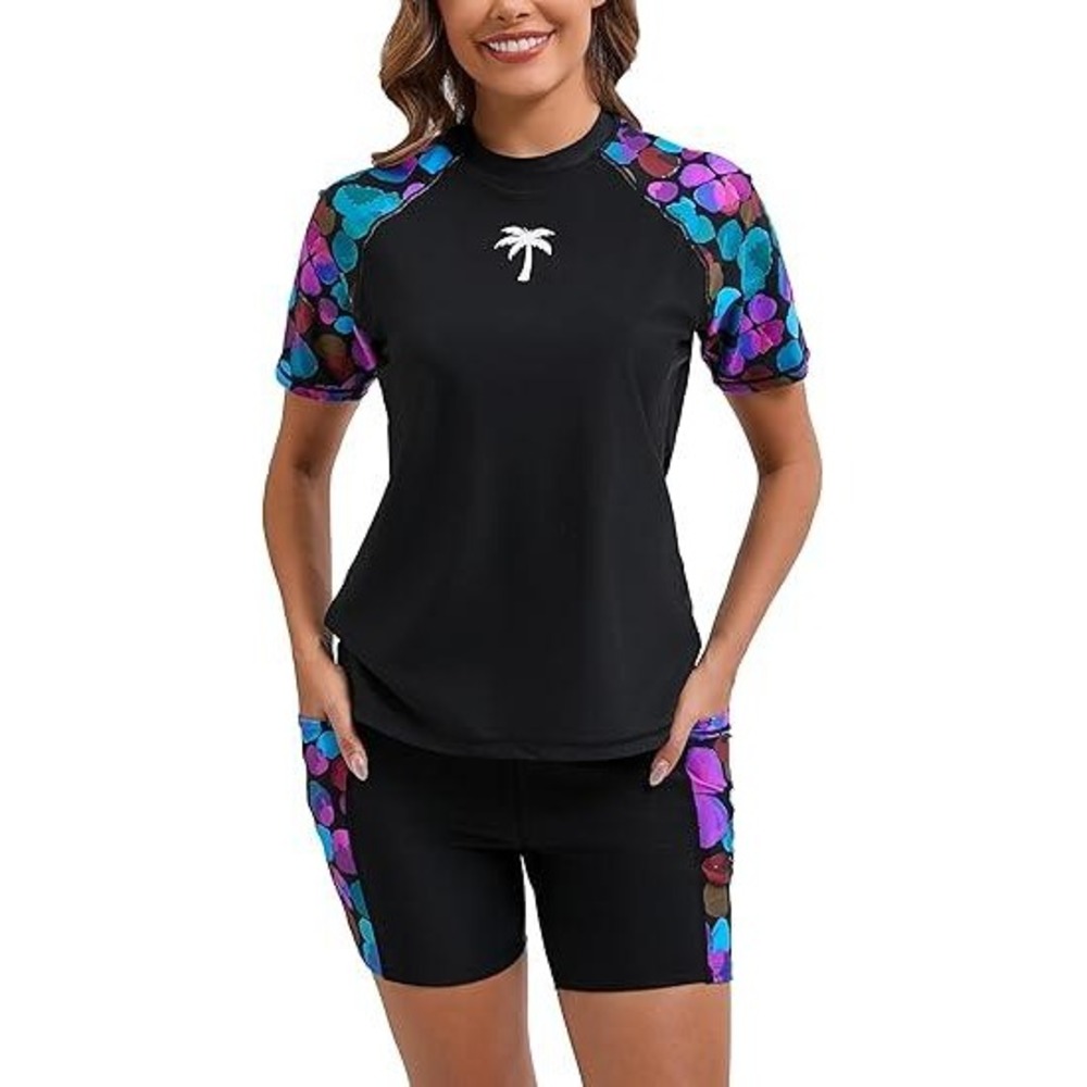 MSRP $39 Halcurt Women's L Black Dotted Two Piece Rash Guard Swim Shirts Built